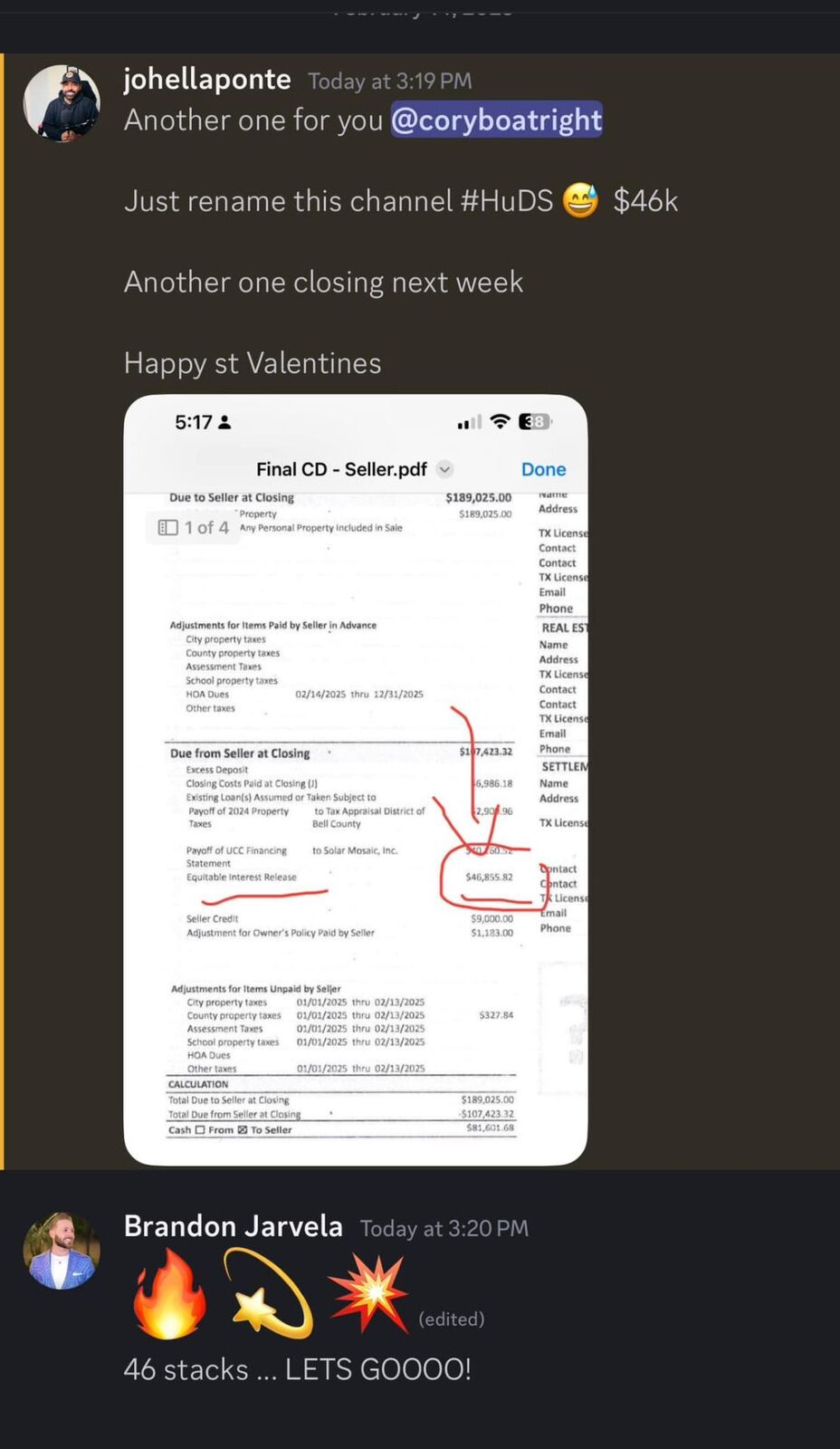 Settlement statement — $46,855 to seller via RBP