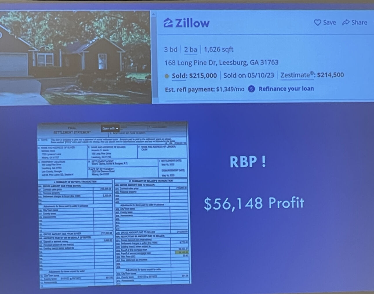 Zillow + settlement statement — $56,148 profit on Leesburg, GA RBP deal