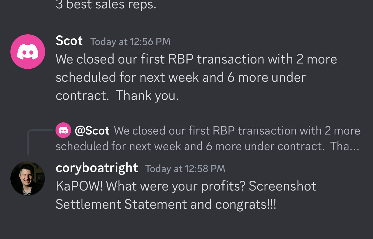 Scot Discord message — first RBP transaction with 6 more under contract